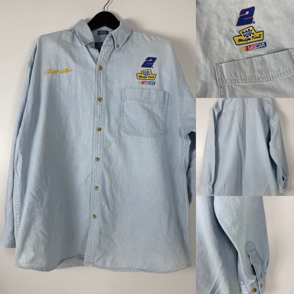 Vtg Chase Authentics Rusty Wallace Shirt Size XL Denim Button Down Miller Light